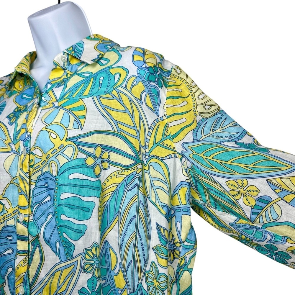 J. McLaughlin Britt Linen Tropical Leaf Button Shirt Blue Yellow XL Coastal‎ - Picture 6 of 11